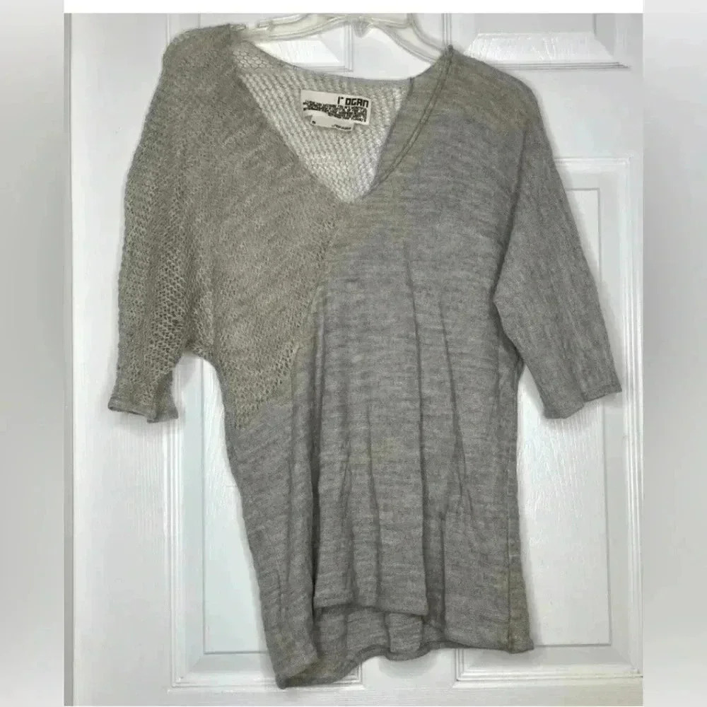 Woman ROGAN Oatmeal Brown V-Neck S/s Thin Open Knit Sweater Sz Small Euc